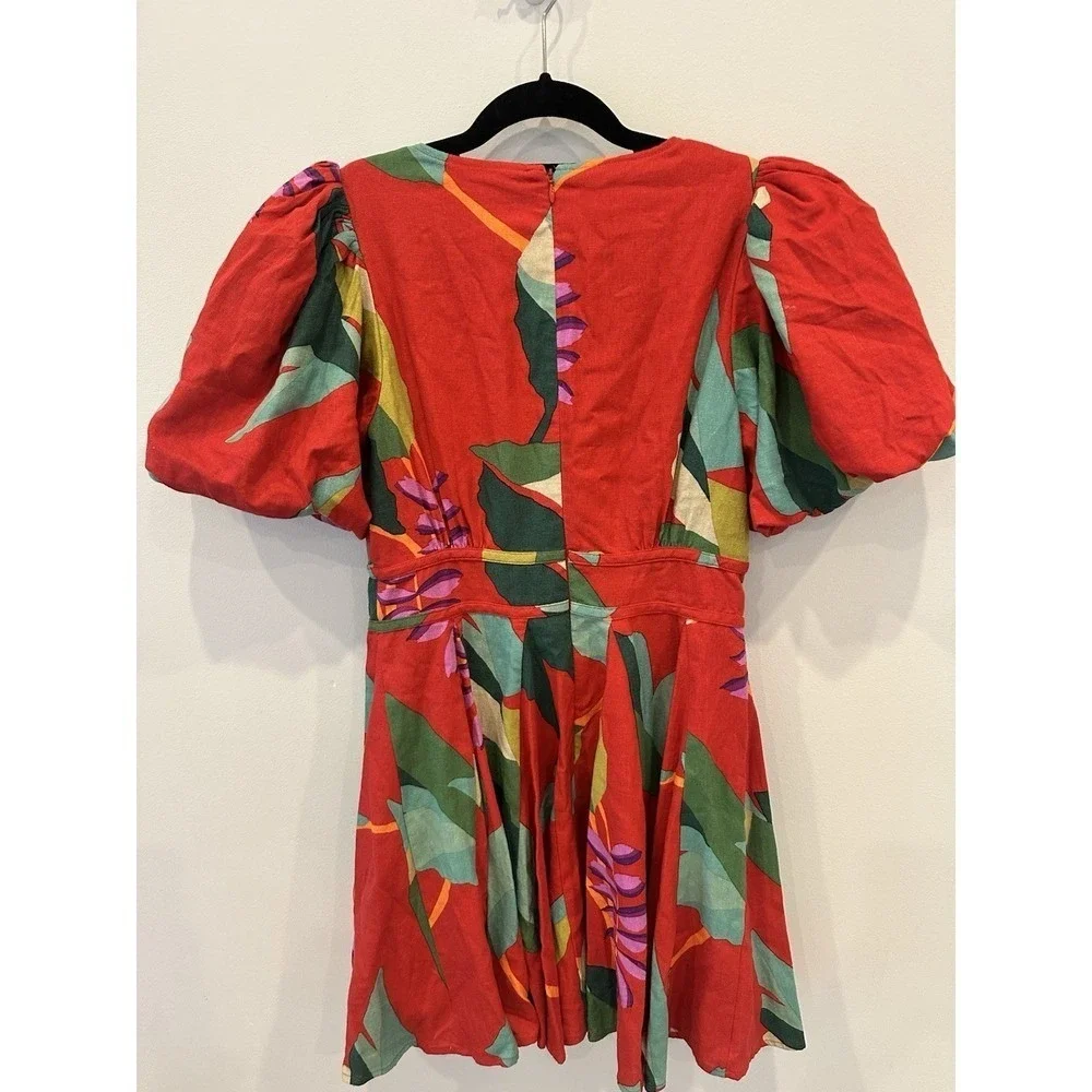 House Of Harlow 1960 Red Floral 6 Linen Blend Puff Sleeve Fit &Flare - Picture 2 of 4